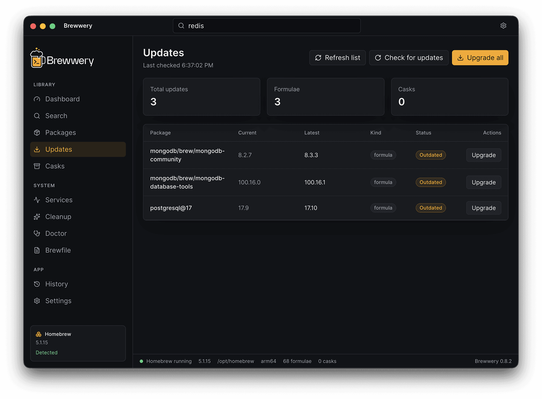 Brewwery updates panel — see outdated packages and update with one click